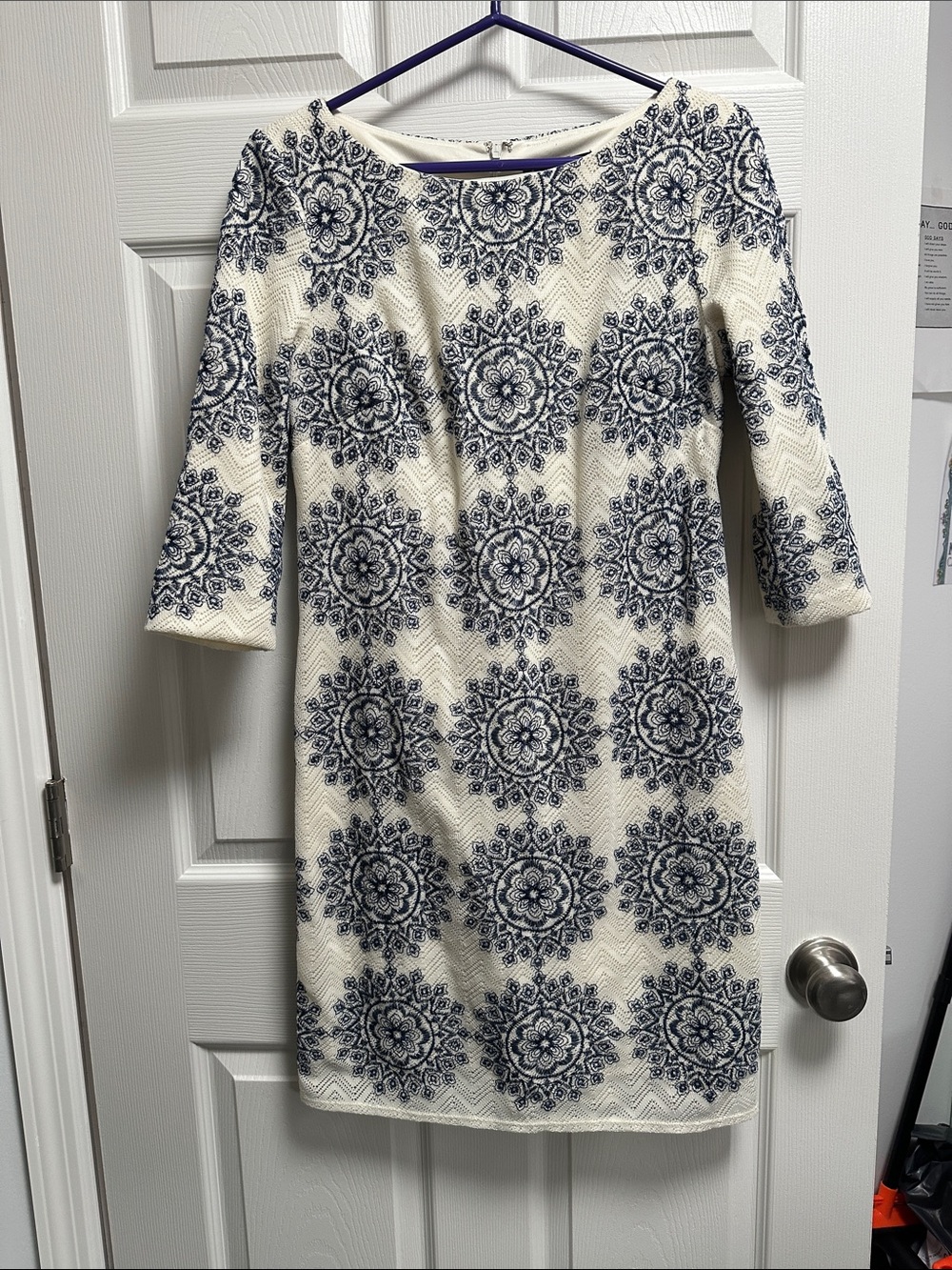 Jessica Howard Cream Shift Dress with Navy Medallion Print